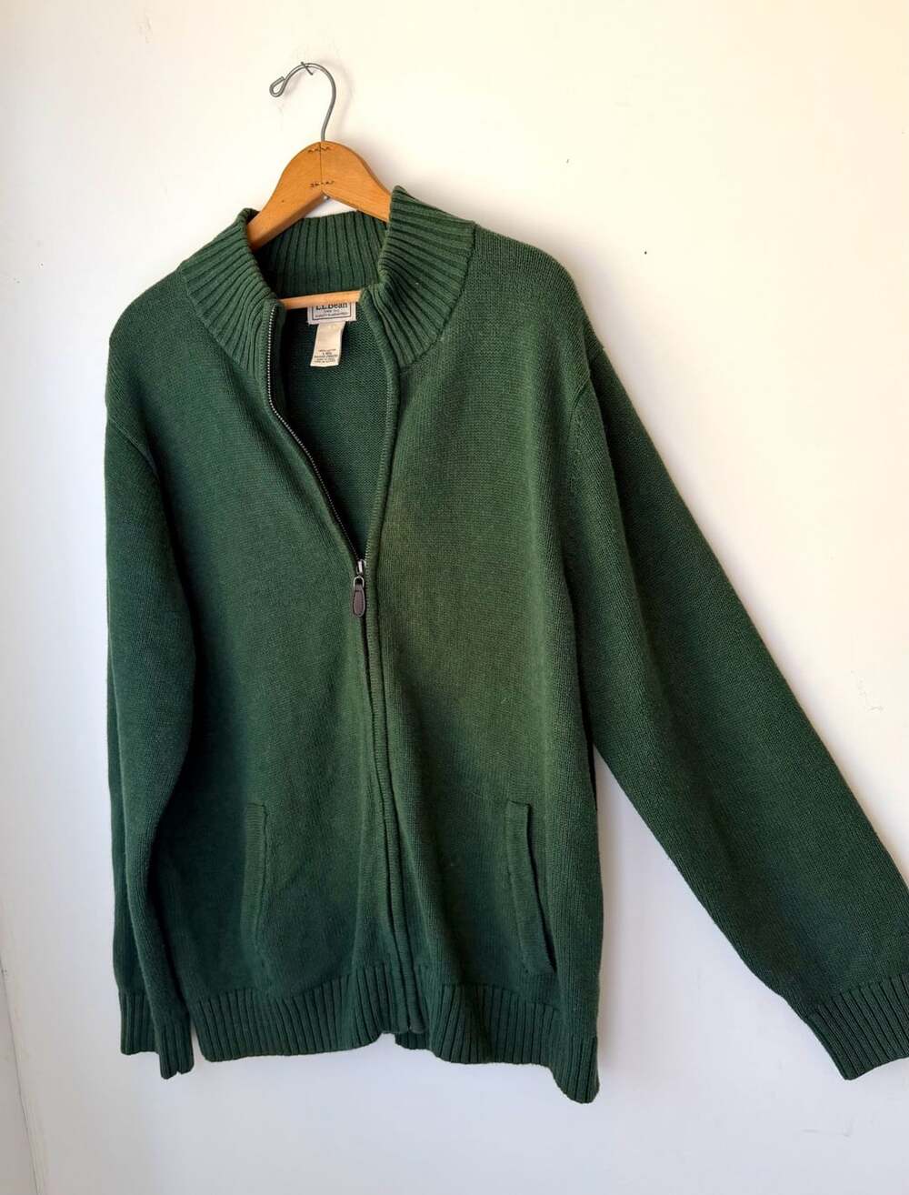 LL Bean Forest Green 100% Cotton Full Zip Cardigan Knit Sweater Jacket Mens L